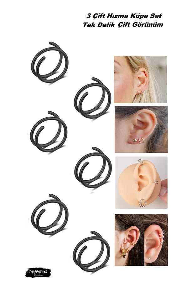 Paslanmaz Kararmaz Tek Delik Çift Görünüm Halka Hızma Küpe Piercing 3 Çift Set, 0,08mm Bar, 8mm Çap - 1