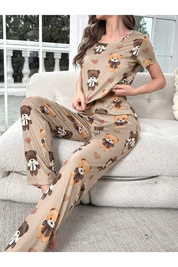 طقم بيجامة نسائي بأكمام قصيرة CoffeeWithMilkBear