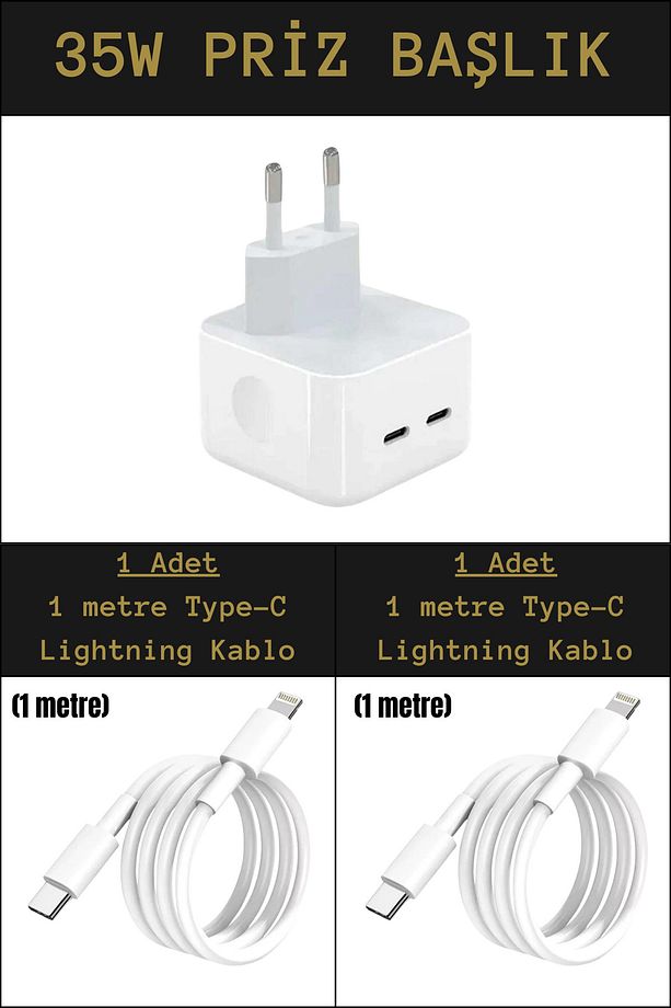 35w Çift Girişli Type-C Priz Başlık + 2 Adet Şarj Kablo Seti İphone//Xiamoi/ - 1