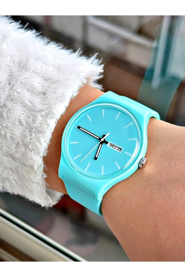 Light Blue Color Calendar Unisex Wristwatch with Silicone Watchband