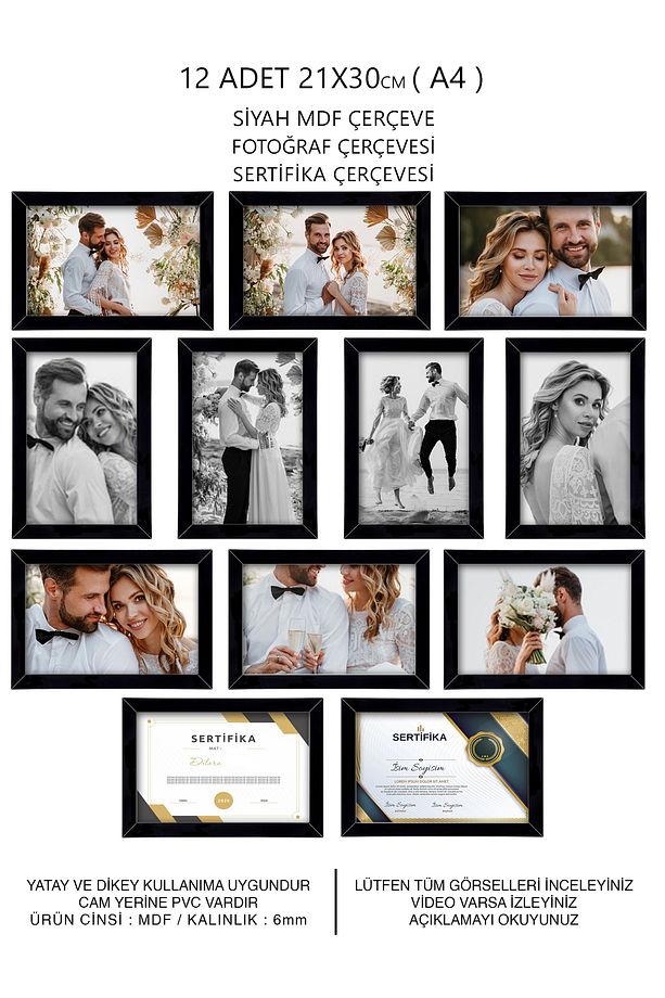 12 Adet 21x30 Çerçeve - Siyah Çerçeve - A4 Çerçeve - Diploma Çerçevesi - Mdf Çoklu Fotoğraf Çerçeve - 1