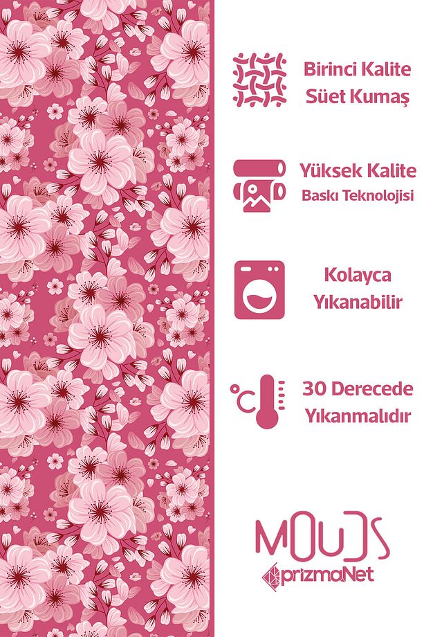 Pembe Çiçek 2 Desenli Süet Oturma Odası Salon Fon Perde Baskılı Ekstrafor Büzgü TEK KANAT PRD-1041 - 5