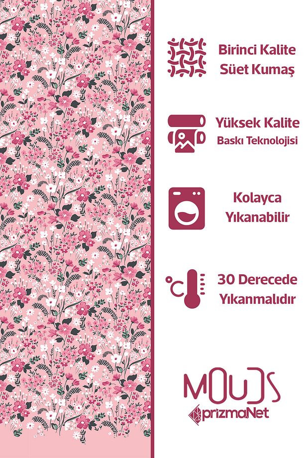 Pembe Çiçek Desenli Süet Oturma Odası Salon Fon Perde Baskılı Ekstrafor Büzgü TEK KANAT PRD-1022 - 5
