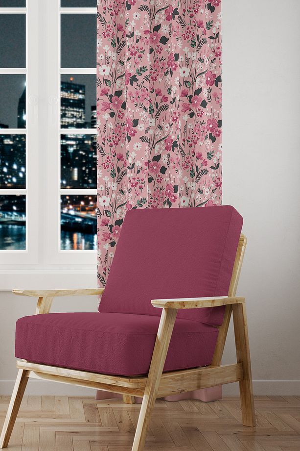 Pembe Çiçek Desenli Süet Oturma Odası Salon Fon Perde Baskılı Ekstrafor Büzgü TEK KANAT PRD-1022 - 1