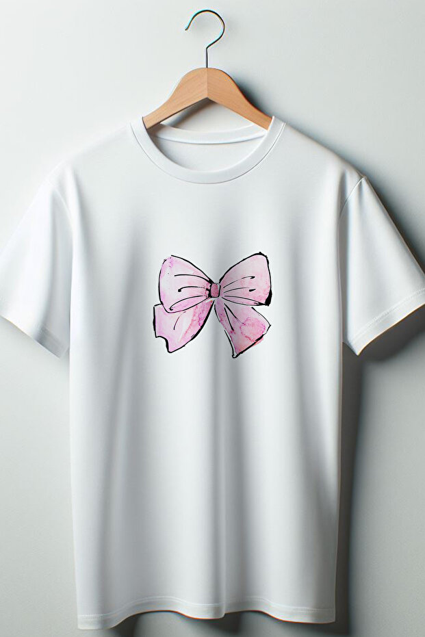Ribbon Drawing Printed Coquette 2024 Fashion White Oversize Pattern Crew Neck T-shirt