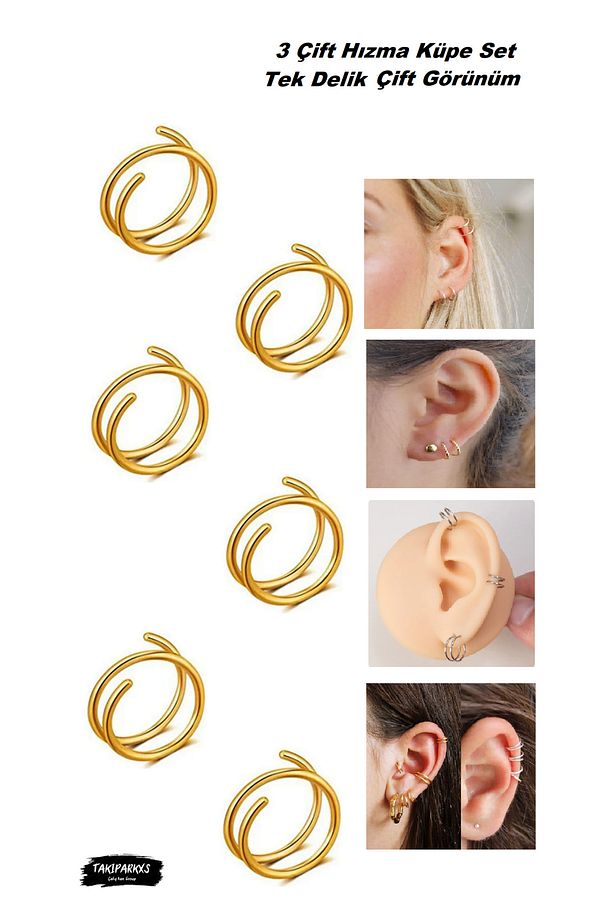 Paslanmaz Kararmaz Tek Delik Çift Görünüm Halka Hızma Küpe Piercing 3 Çift Set, 0,08mm Bar, 8mm Çap - 1