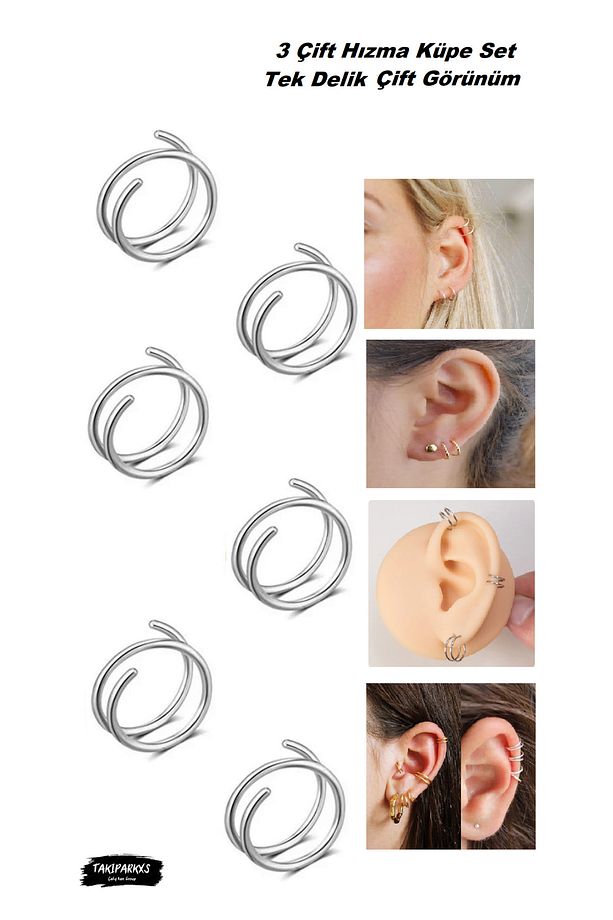 Paslanmaz Kararmaz Tek Delik Çift Görünüm Halka Hızma Küpe Piercing 3 Çift Set, 0,08mm Bar, 8mm Çap - 1