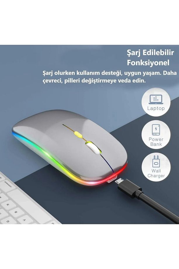 Gri Kablosuz Fare Wireless Mouse 4 Tuşlu Renk Sessiz Tıklama Şarj Edilebilir Mouse - 2