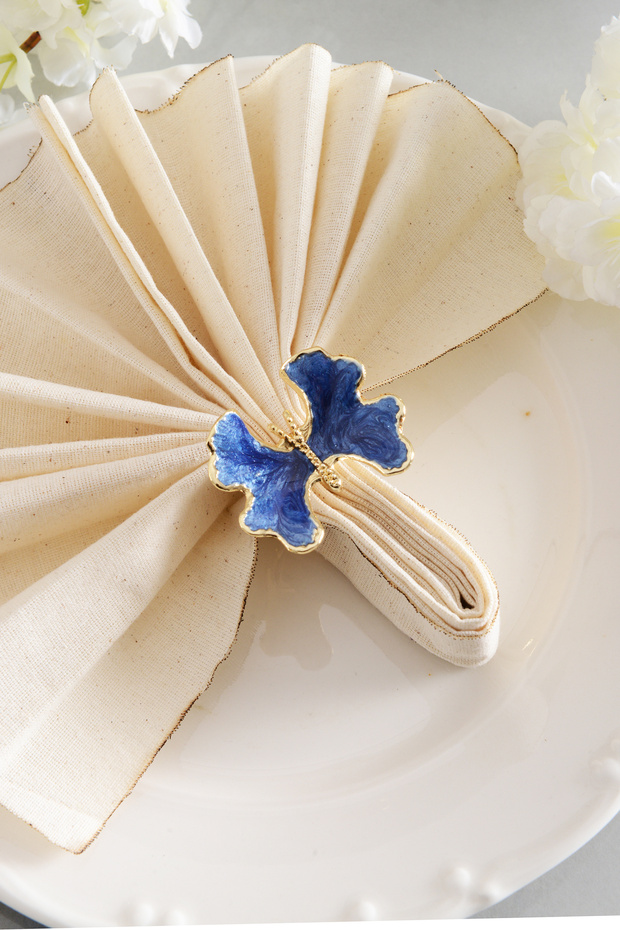 Kelebek 6-Piece Gold Luxury Napkin Ring, Blue Enamel Napkin Ring