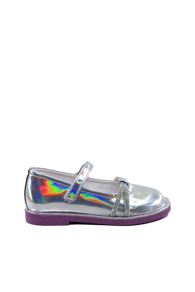 Ayakkabımood Arz 4756 Silver Patent Leather Stoned Girl's Ballerina Shoes
