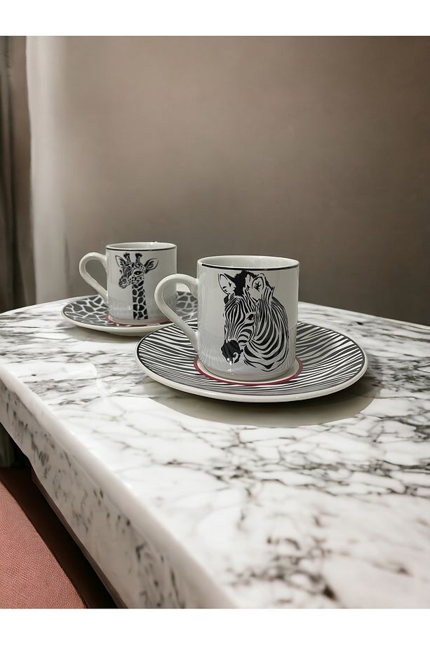 Dekoratif Şık Tasarım Siyah Beyaz Zebra ve Zürafa Motifli 2 Kişilik Kahve Fincan Seti. - 2
