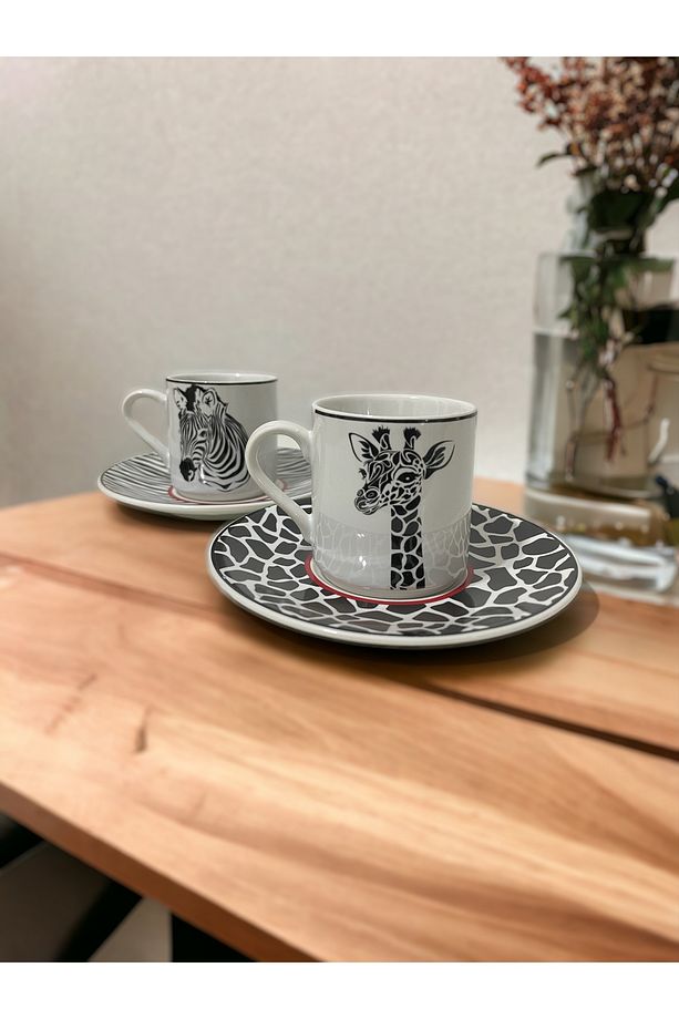 Dekoratif Şık Tasarım Siyah Beyaz Zebra ve Zürafa Motifli 2 Kişilik Kahve Fincan Seti. - 1
