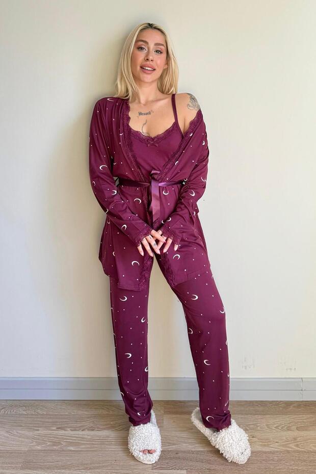 Plum Moon Star mintás bambusz pongyola női pizsama szett - 6