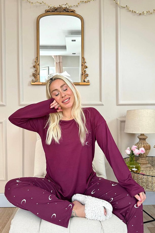 Mürdüm Ay Yıldız Desenli Bambu Uzun Kol Kadın Pijama Takımı - 5