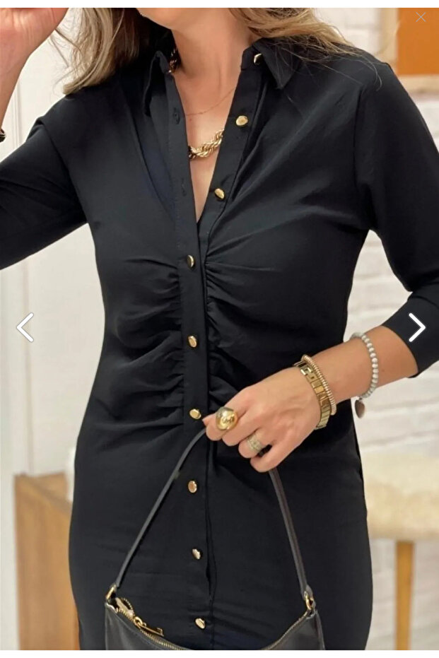 GOLD DÜĞMELİ ÖNÜ DRAPELİ ELBİSE - 8