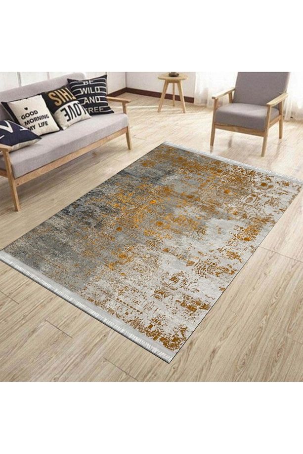 Bej Turuncu Halı Kaymaz Tabanlı Kilim Makinede Yıkanabilir Dot Tabanlı Salon Halısı 5115d - 2