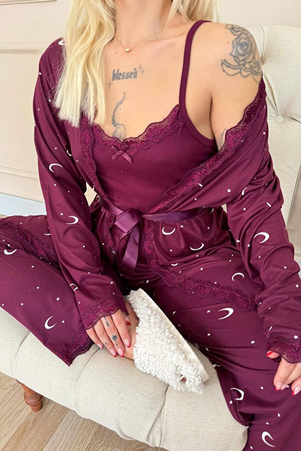 Plum Moon Star mintás bambusz pongyola női pizsama szett - 5