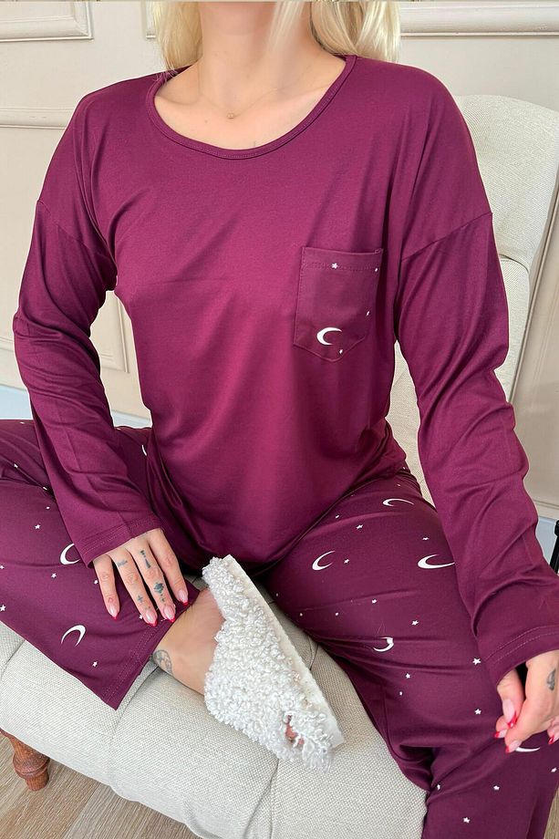 Mürdüm Ay Yıldız Desenli Bambu Uzun Kol Kadın Pijama Takımı - 6