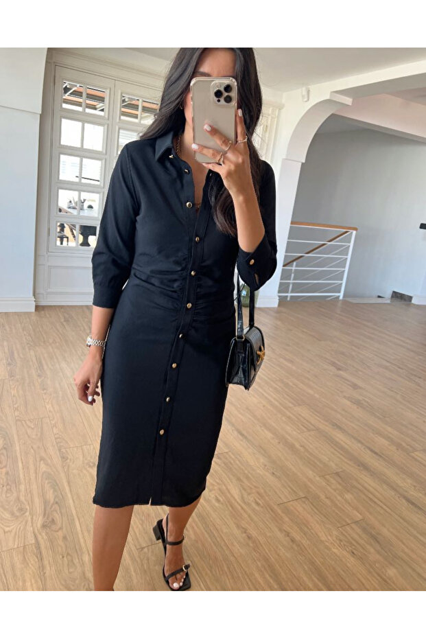 GOLD DÜĞMELİ ÖNÜ DRAPELİ ELBİSE - 2