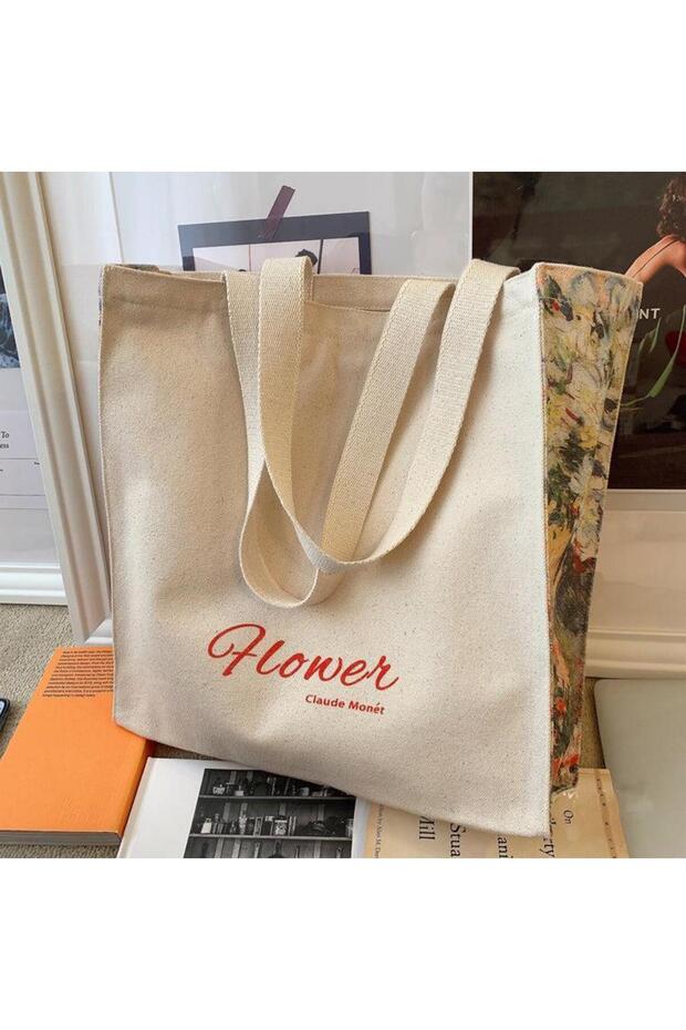 Flower Basic Tote Bag Kanvas Çanta - 5