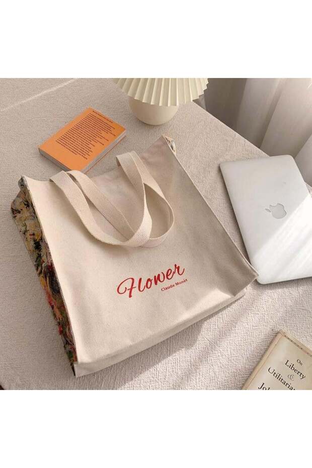 Flower Basic Tote Bag Kanvas Çanta - 4