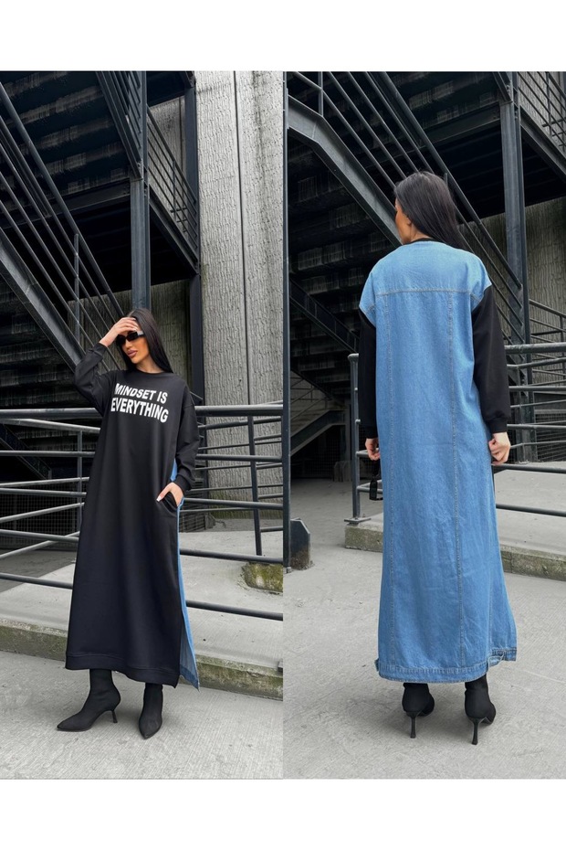 Double Color Long Denim Dress