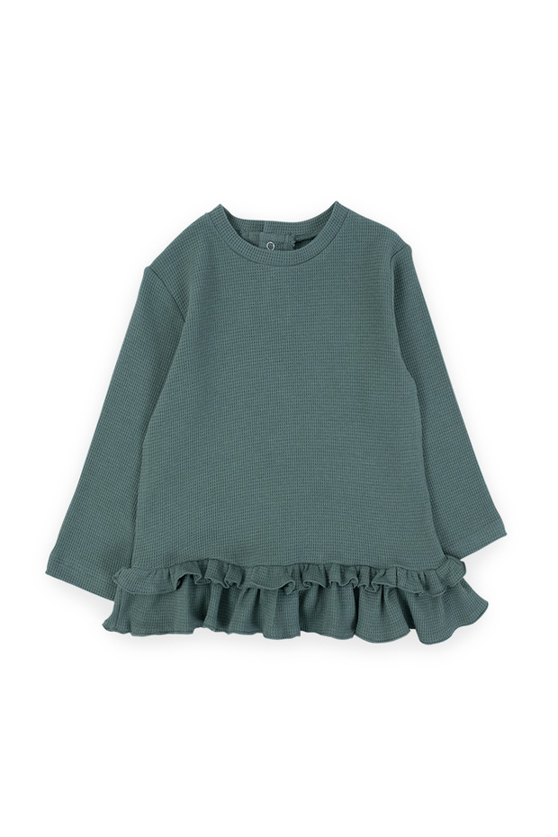 Kız Çocuk %100 Pamuk Waffle Kumaş Çağla Renk Elbise - 1