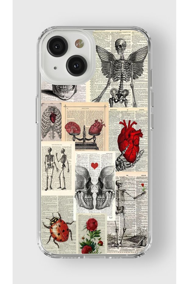 iPhone 13 Compatible Vintage Skeleton Collage Design Printed Transparent Case