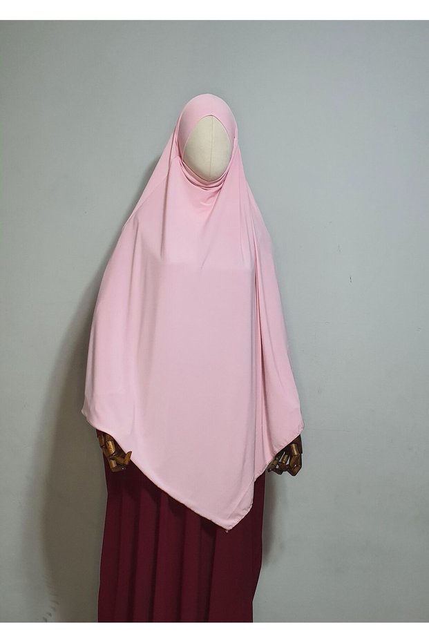 Maxi ready-to-wear veiled sandy soufflé khimar pink, suitable for Hajj and Umrah.
