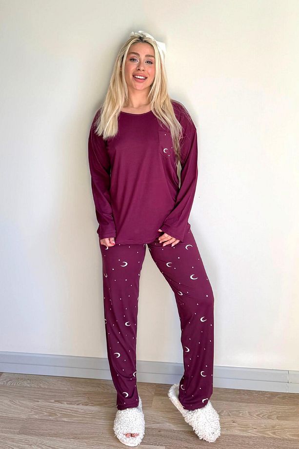Mürdüm Ay Yıldız Desenli Bambu Uzun Kol Kadın Pijama Takımı - 7