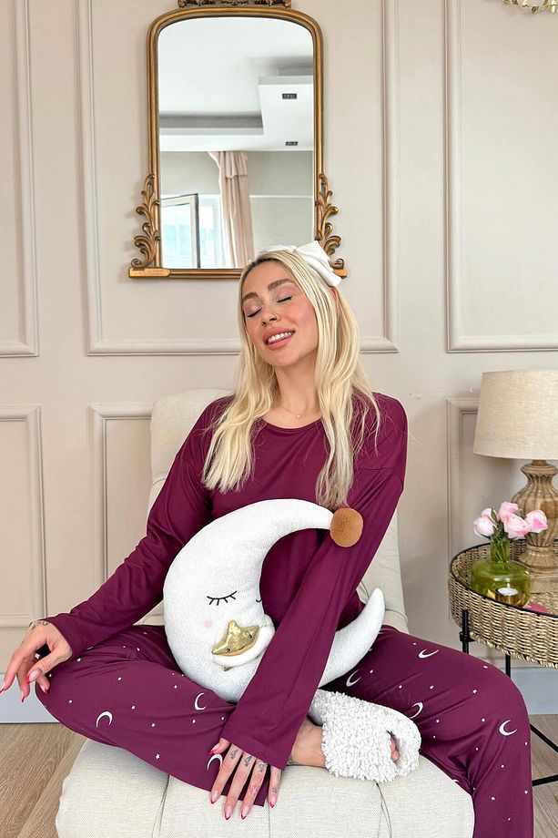Mürdüm Ay Yıldız Desenli Bambu Uzun Kol Kadın Pijama Takımı - 4