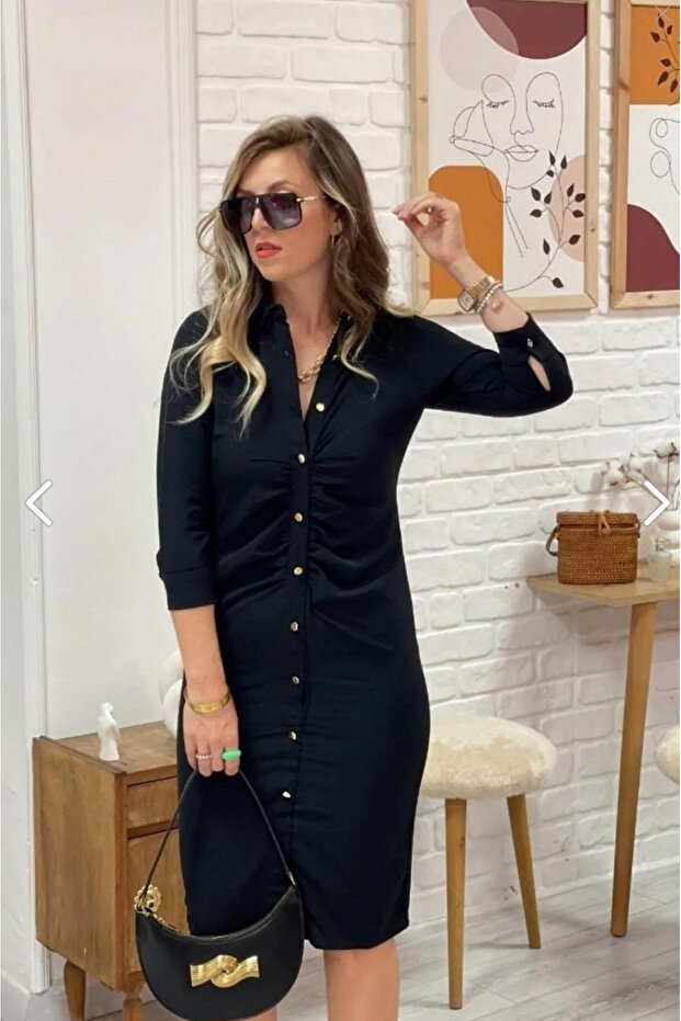 GOLD DÜĞMELİ ÖNÜ DRAPELİ ELBİSE - 1