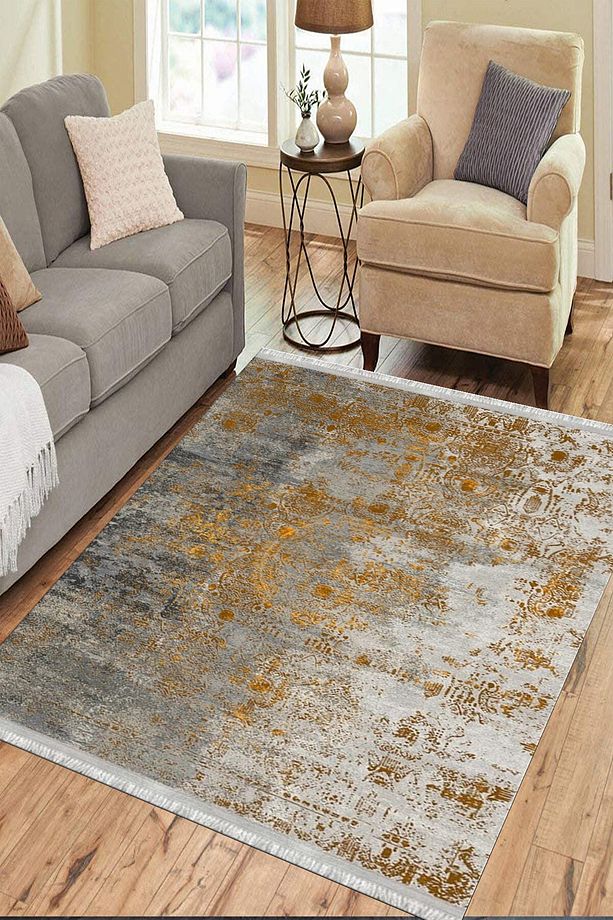 Bej Turuncu Halı Kaymaz Tabanlı Kilim Makinede Yıkanabilir Dot Tabanlı Salon Halısı 5115d - 1