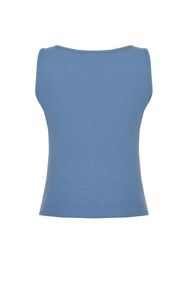 Indigo Düğmeli Fitted/Vücuda Oturan Fitilli Esnek Örme Bluz TWOSS24BZ00306 - 8