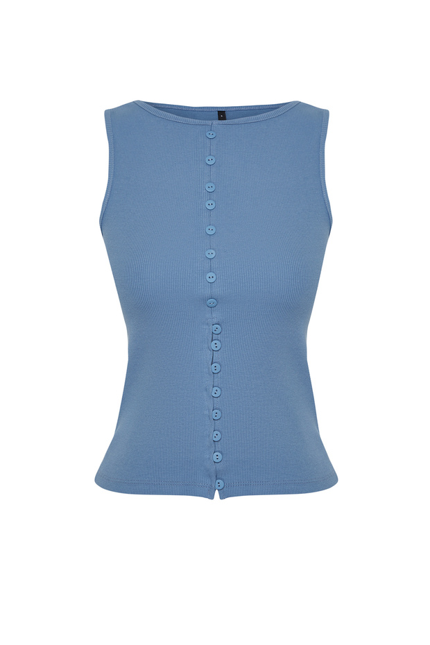 Indigo Düğmeli Fitted/Vücuda Oturan Fitilli Esnek Örme Bluz TWOSS24BZ00306 - 7