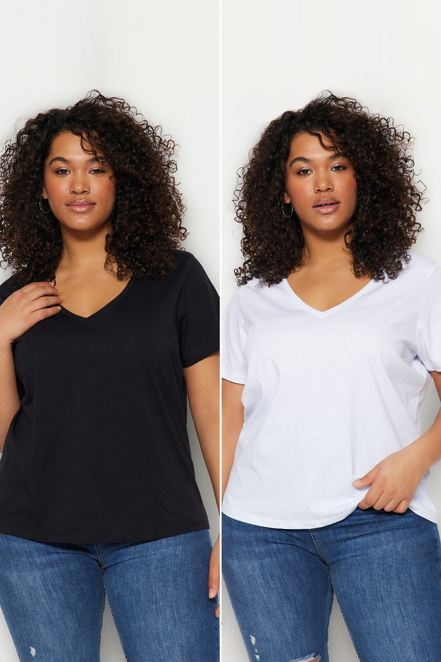 Siyah-Beyaz 2'li Paket Basic V Yaka %100 Pamuk Örme Büyük Beden T-Shirt TBBSS22TS0705 - 8