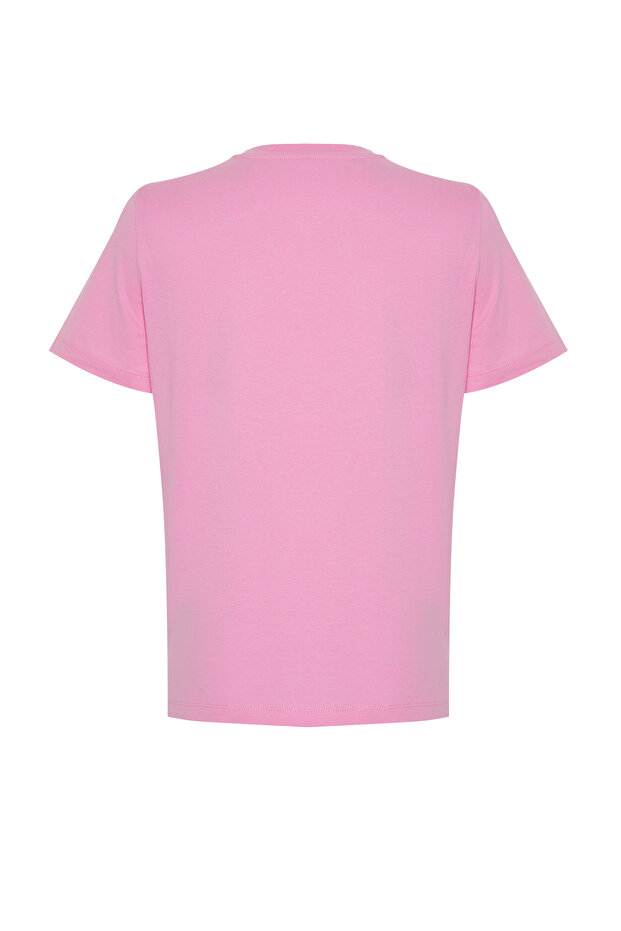 Pembe %100 Pamuk Yıldız Baskılı Regular/Normal Kalıp Bisiklet Yaka Örme T-Shirt TWOSS24TS00095 - 8