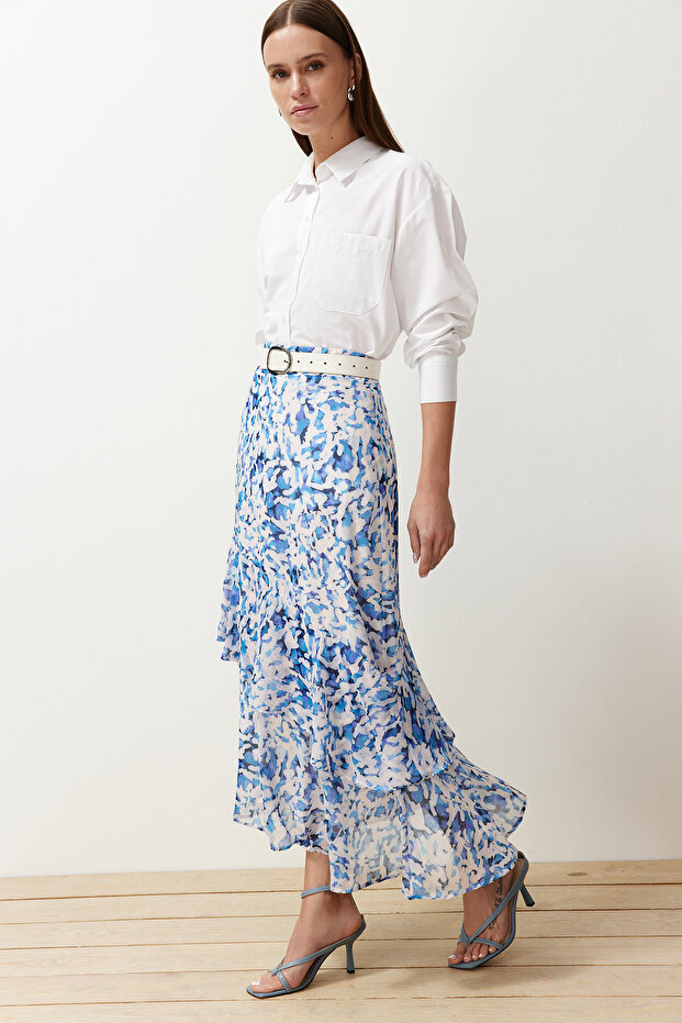 Blue Animal Patterned Lined Woven Skirt TCTAW24EE00020