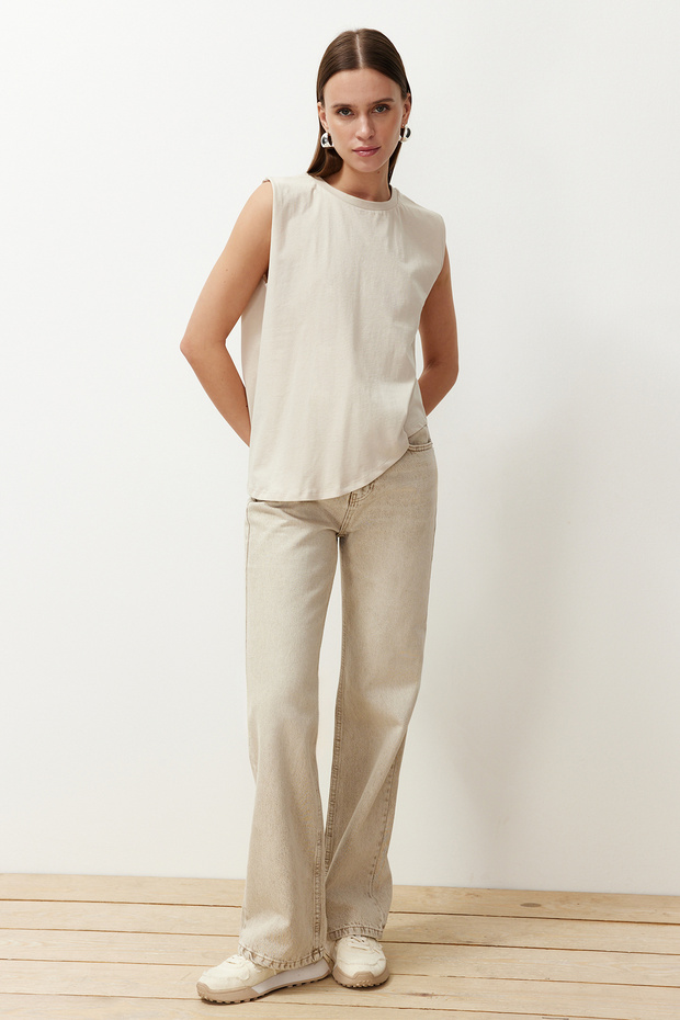 Taş More Sustainable %100 Pamuk Etek Ucu Asimetrik Bisiklet Yaka Örme T-Shirt TWOSS24TS00156 - 2
