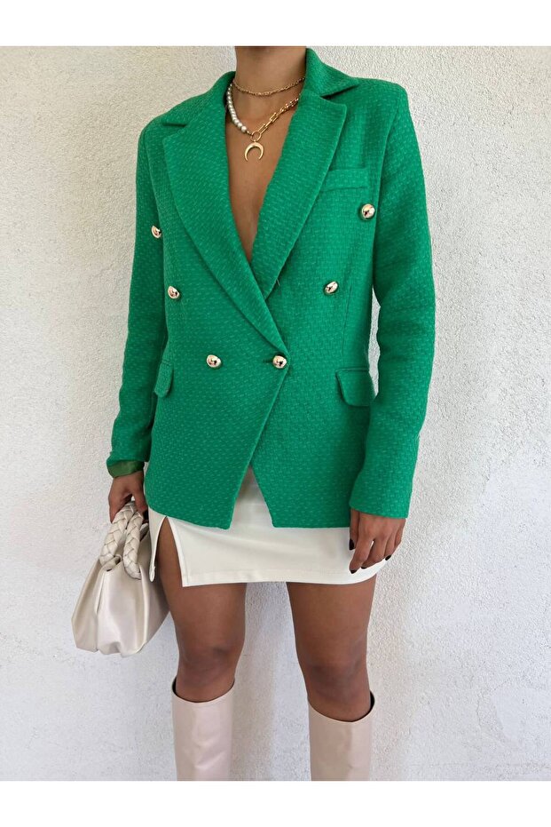 Women's Padded Shoulders , Lined Chanel Fabric Blazer Jacket, Benetton Green, Slim Fit