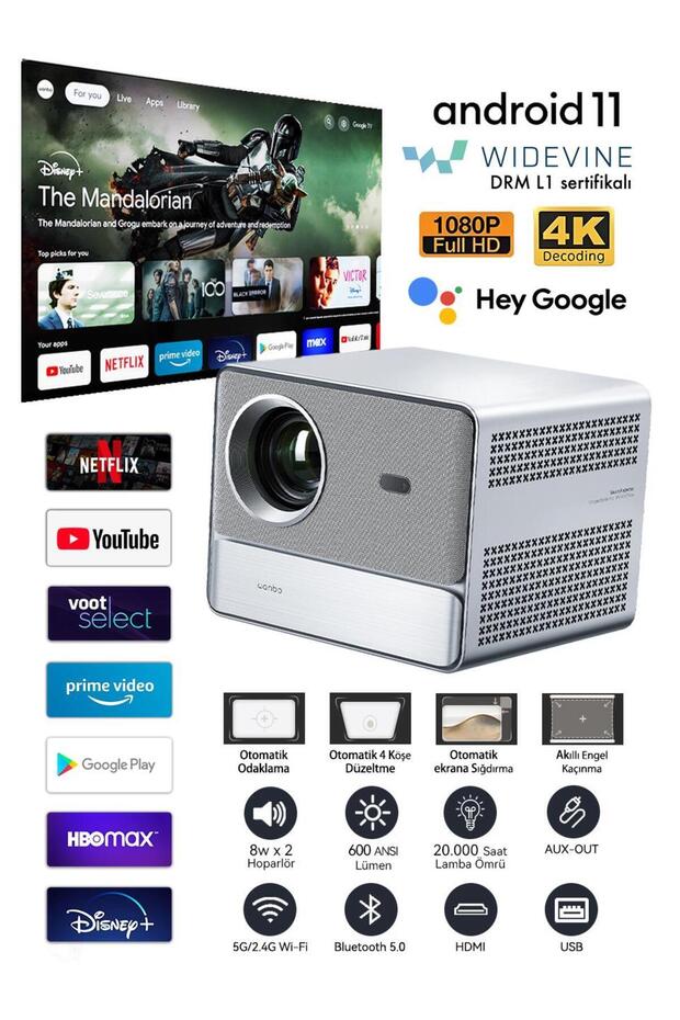 Davinci 1 Pro - Google Assistant, 1080P 4K, Portable Home Theater Projector, Auto Focus, 5g Wi-Fi