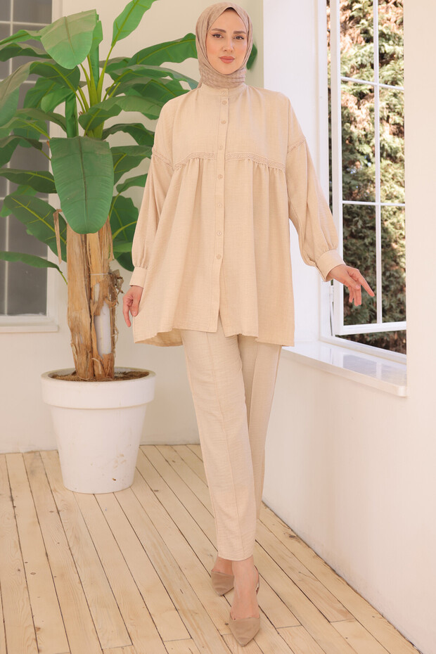 3350 بدلة مزدوجة بأزرار أمامية باللون البيج - 3