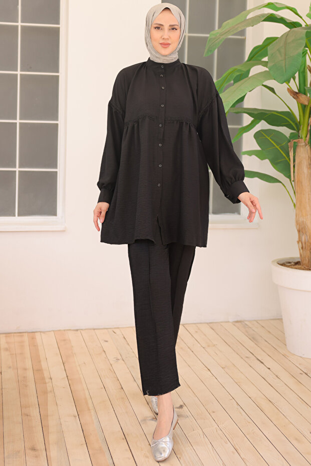 3350 بدلة مزدوجة بأزرار أمامية باللون الأسود - 1