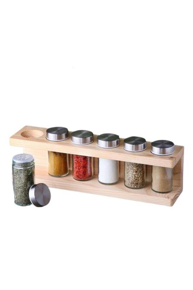 Glass Spice Rack with Wooden Stand Spice Set 6 Pieces Inox Cover