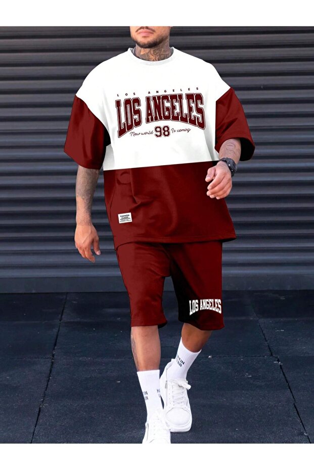Men's Burgundy White Los Angeles Printed Piece Shorts Suit