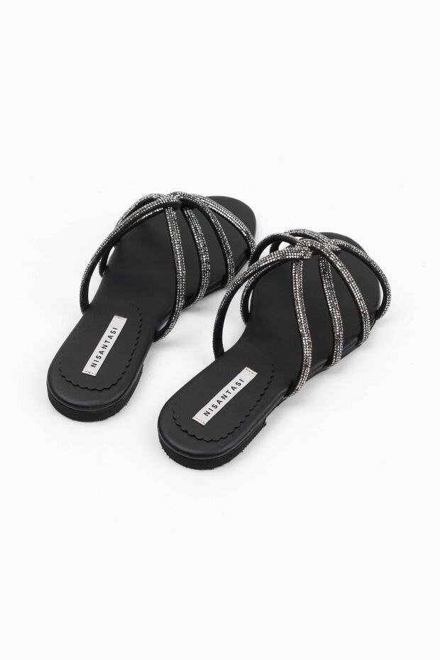 Bowie fekete matt kő részletes keresztszalag lapos talpú női papucs - 7