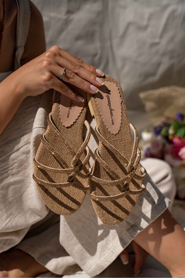 Bowie szalmamatt kőrészletű keresztszalag lapos talpú női papucs - 4