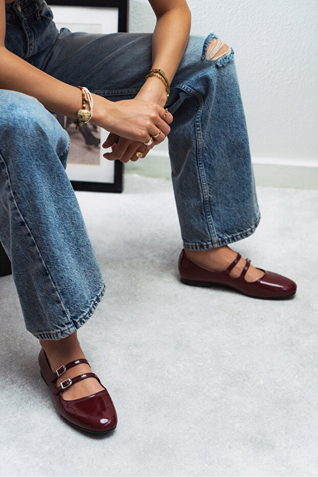 Jane Claret piros lakkbőr dupla csatos részletes lapos talpú női balerinák - 4