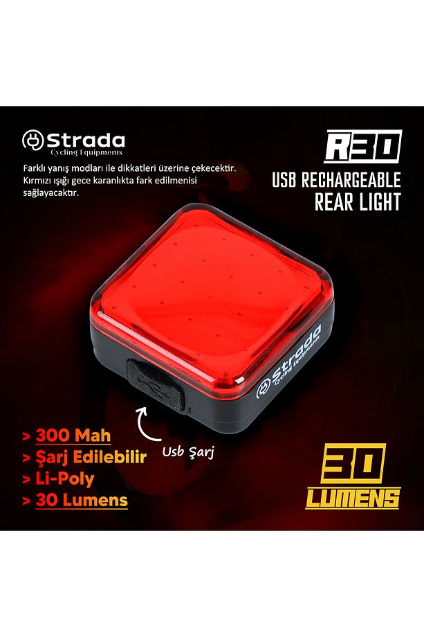 R-30 300MAH Şarj Edilebilir LI-POLY Bisiklet Arka Lambası - 7