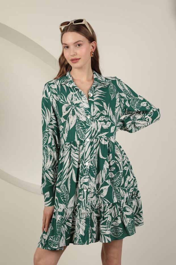 Women's Short Dress with Leaf Print and Long Sleeve Viscose Fabric Shirt Collar Green Summer Spring